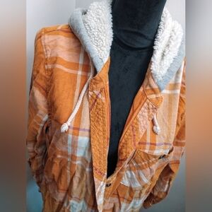 Orange Plaid Hooded Jacket with Sherpa Lining